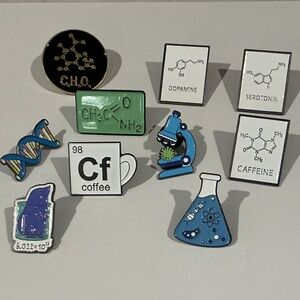 10 Science tac pins. METAL WITH ENAMEL CHEMISTRY FORMULAS, BIO SCIENCE DNA MICRO